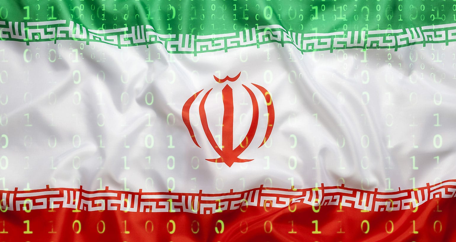 The Iranian flag superimposed with binary code.
