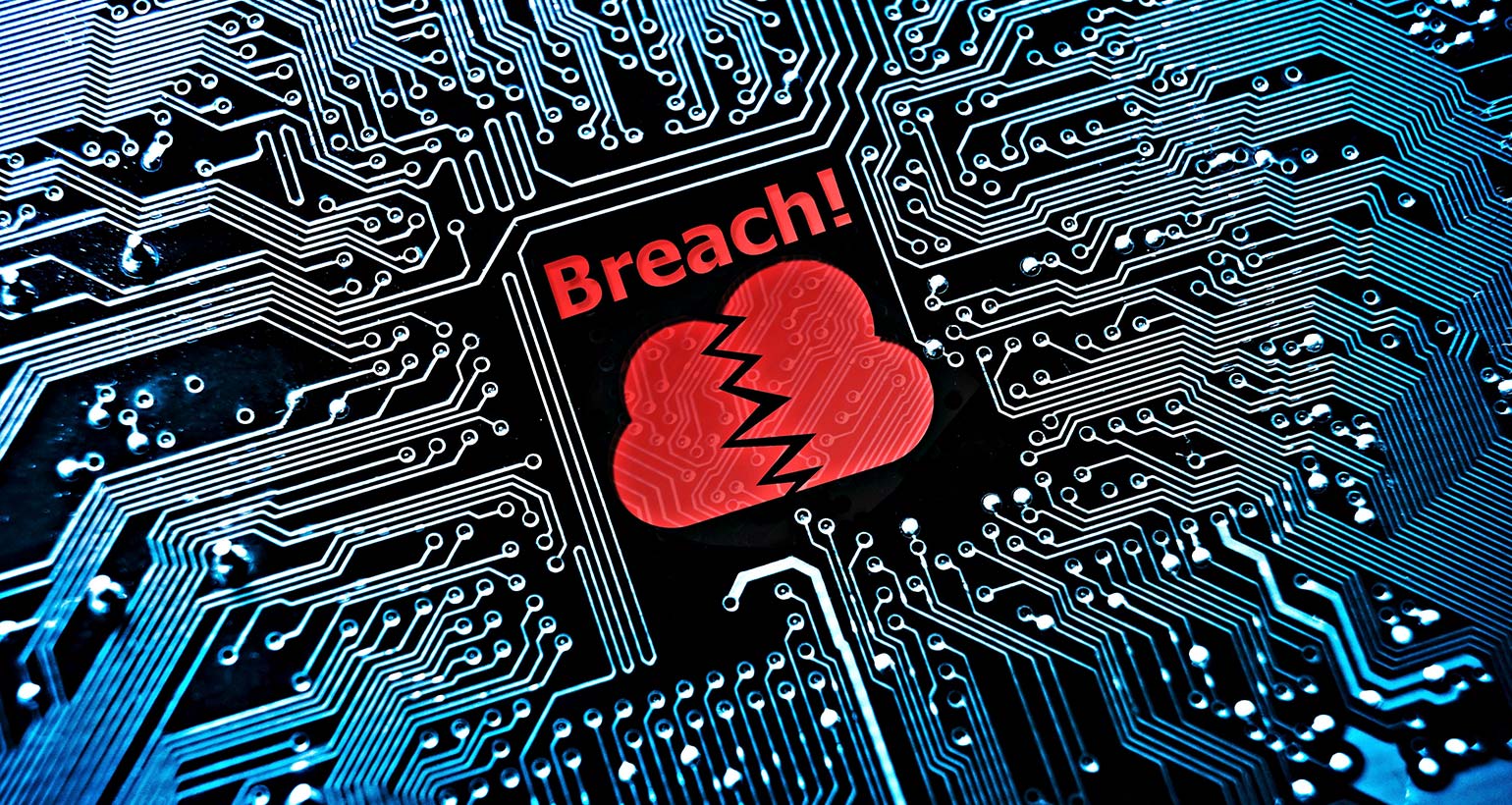 An artistic rendering of a data breach on a microchip.