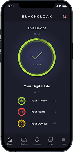 A smartphone showing BlackCloak's personal privacy protection platform.