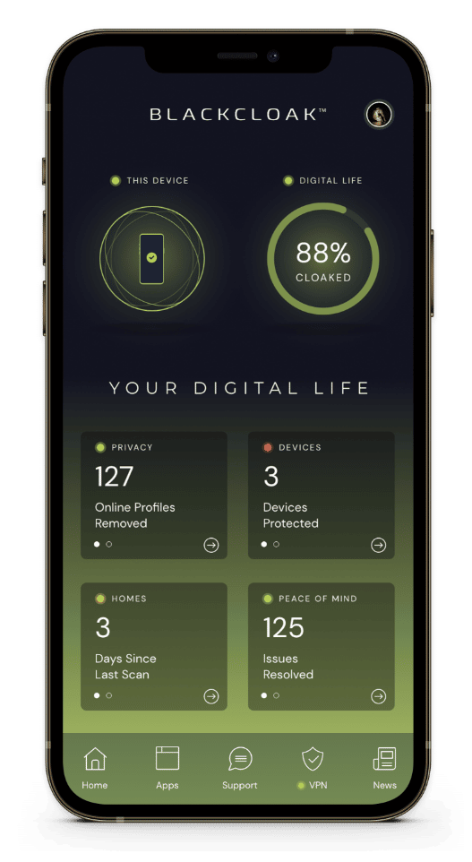 BlackCloak smartphone app dashboard display