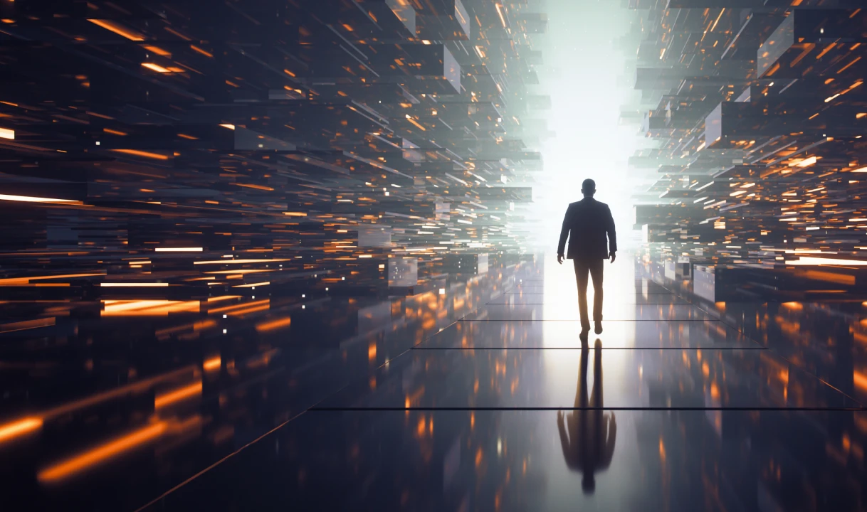 Man walking through tech