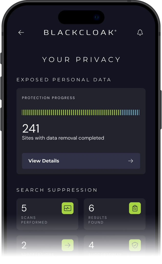 The BlackCloak app’s Your Privacy screen: protection progress and search suppression