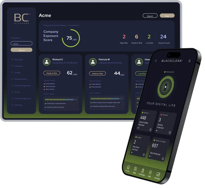 The BlackCloak platform dashboard