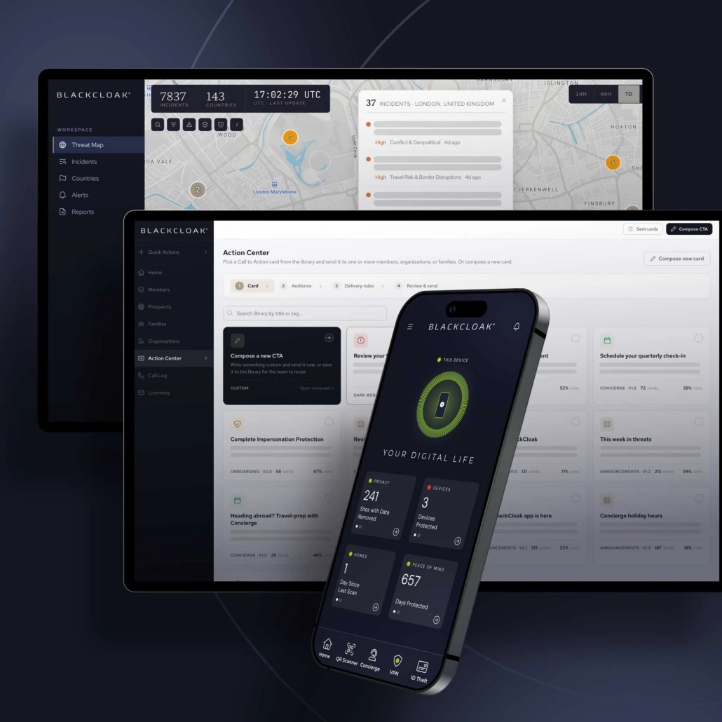 The BlackCloak platform dashboard and mobile app