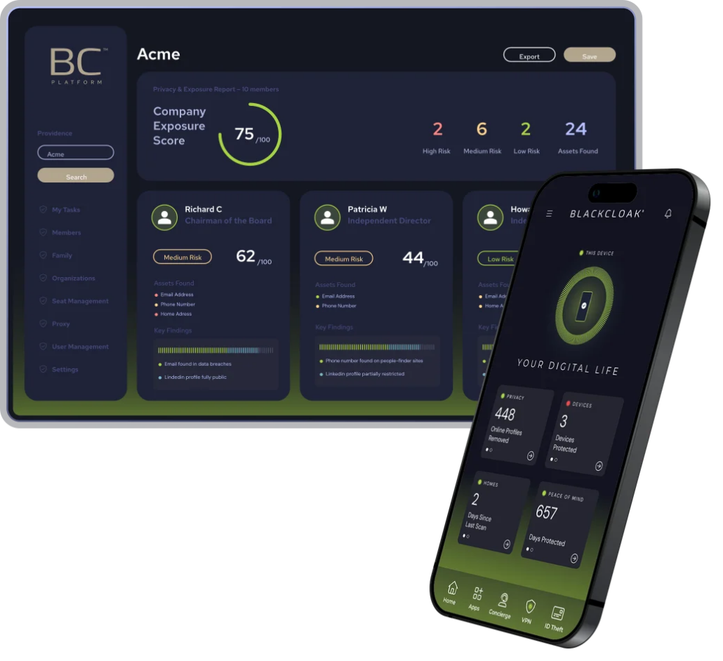The BlackCloak platform dashboard showing a company exposure score beside the mobile app